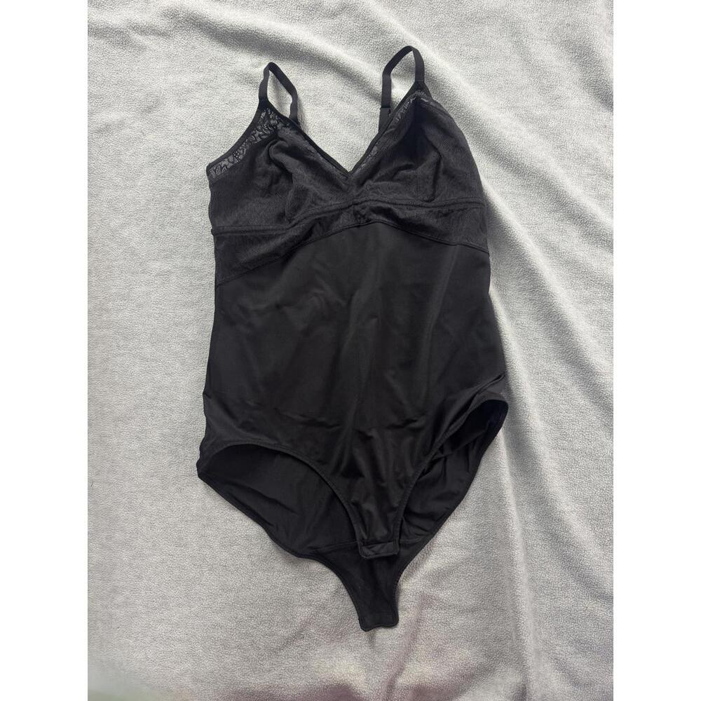 maidenform black shapewear bodysuit lace top tummy control adjustable straps